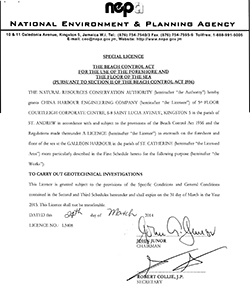 Special license approved from NRCA, granted to CHEC, to encroach on the foreshore and floor of the sea at Galleon Harbour - 24 Mar 2014