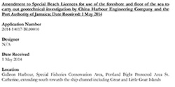Amendment Application to Special Beach Licences for use of the foreshore and sea floor to carry out geotechnical investigation by CHEC and the Port Authority of Jamaica - 1 May 2014